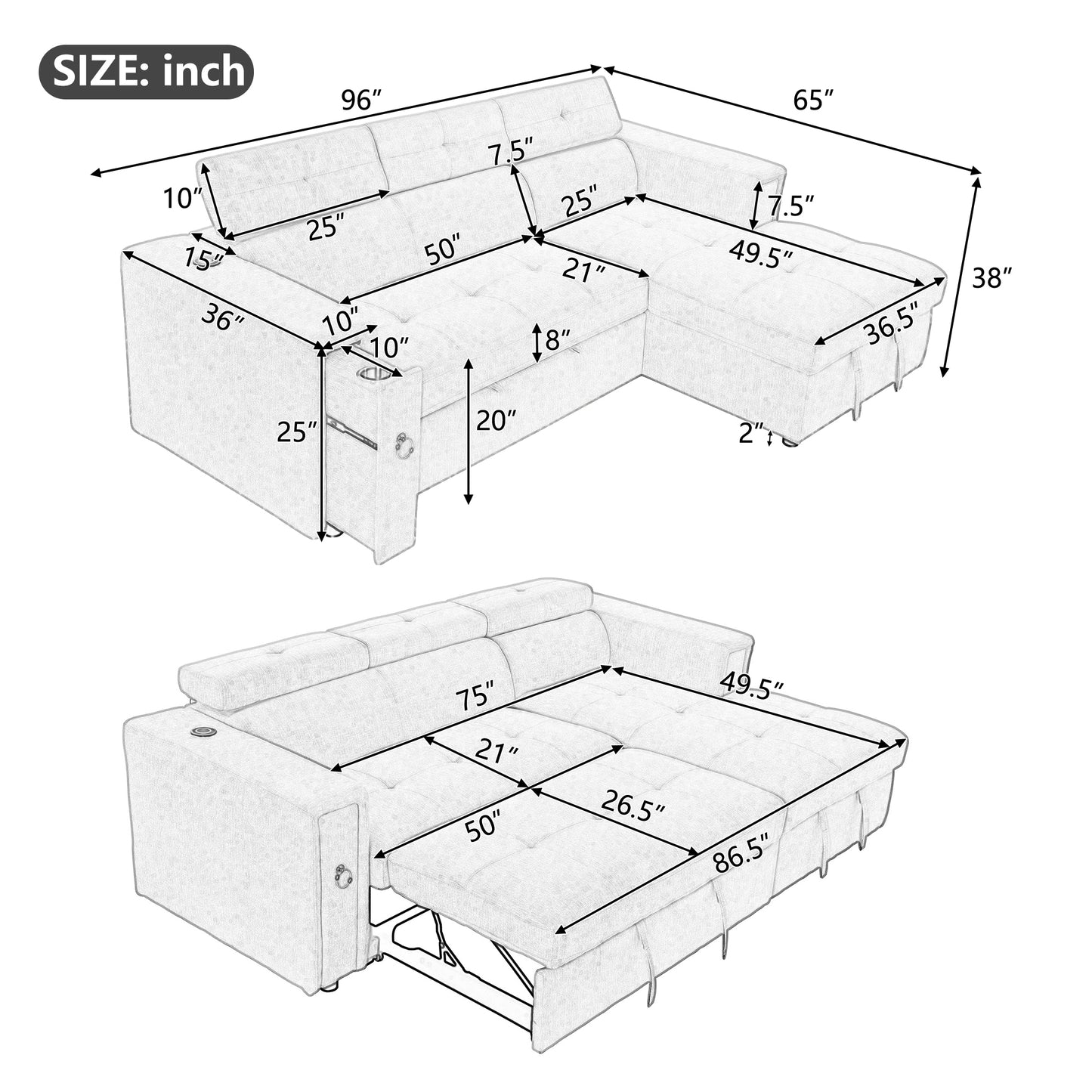 L-Shaped Sectional Sofa with Hidden Storage, Adjustable Headrest, Wireless Charging, and Cup Holders