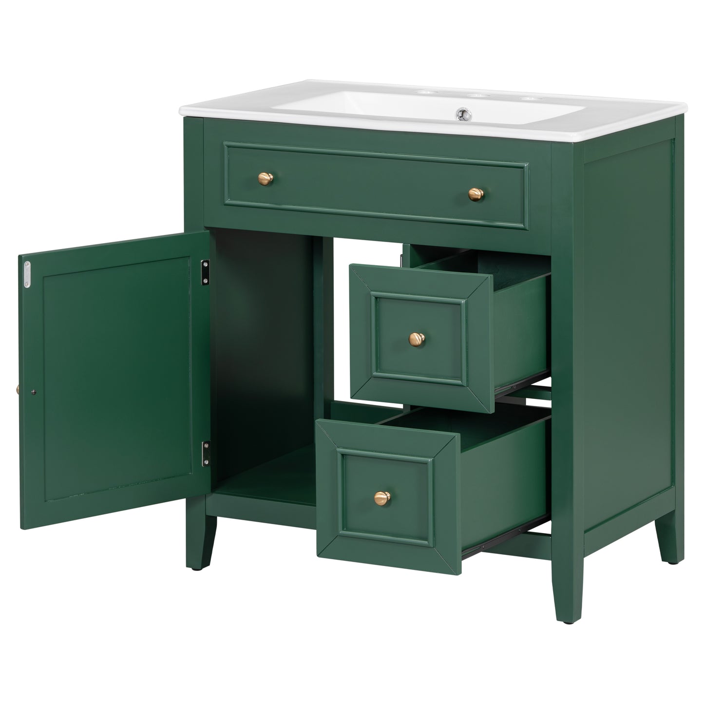 30" Bathroom Vanity with Sink Top, Bathroom Vanity Cabinet with Door and Two Drawers, Solid Wood Frame, One Package, Green