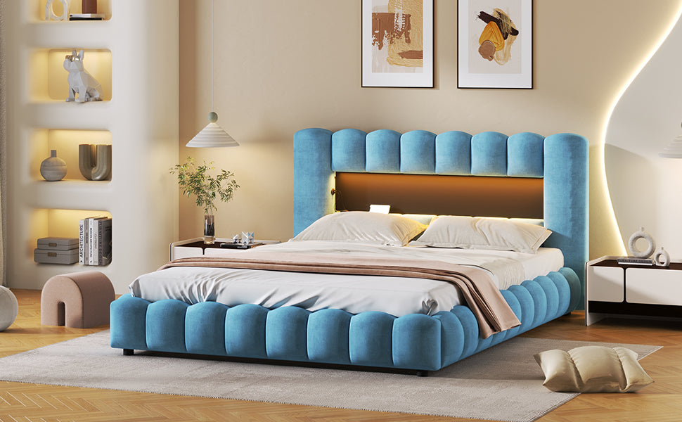 Queen Size Upholstered Platform Bed with LED Headboard and USB, Blue