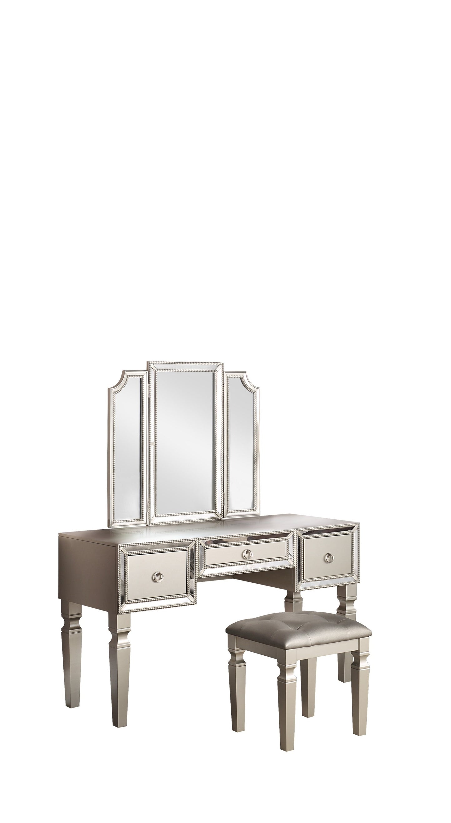 Luxurious Majestic Classic Silver Color Vanity Set w Stool 3- Storage Drawers 1pc Bedroom Furniture Set Tri-Fold Mirror