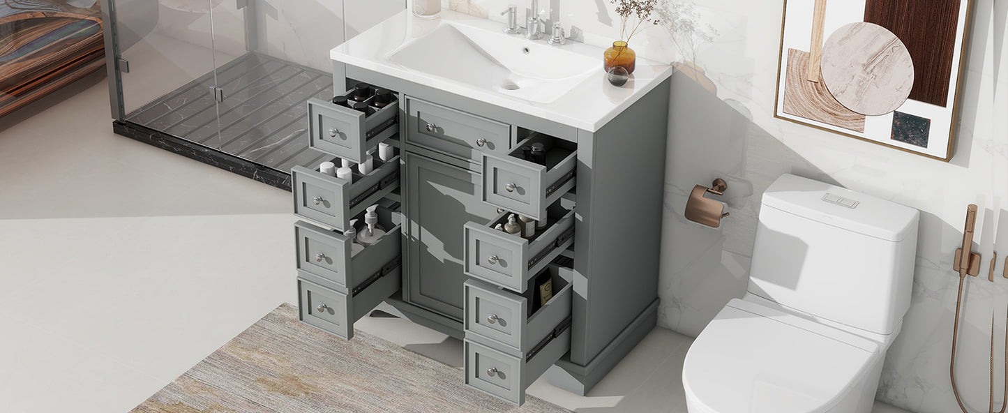 36" Bathroom Vanity with Sink Combo, One Cabinet and Six Drawers, Solid Wood and MDF Board, Grey