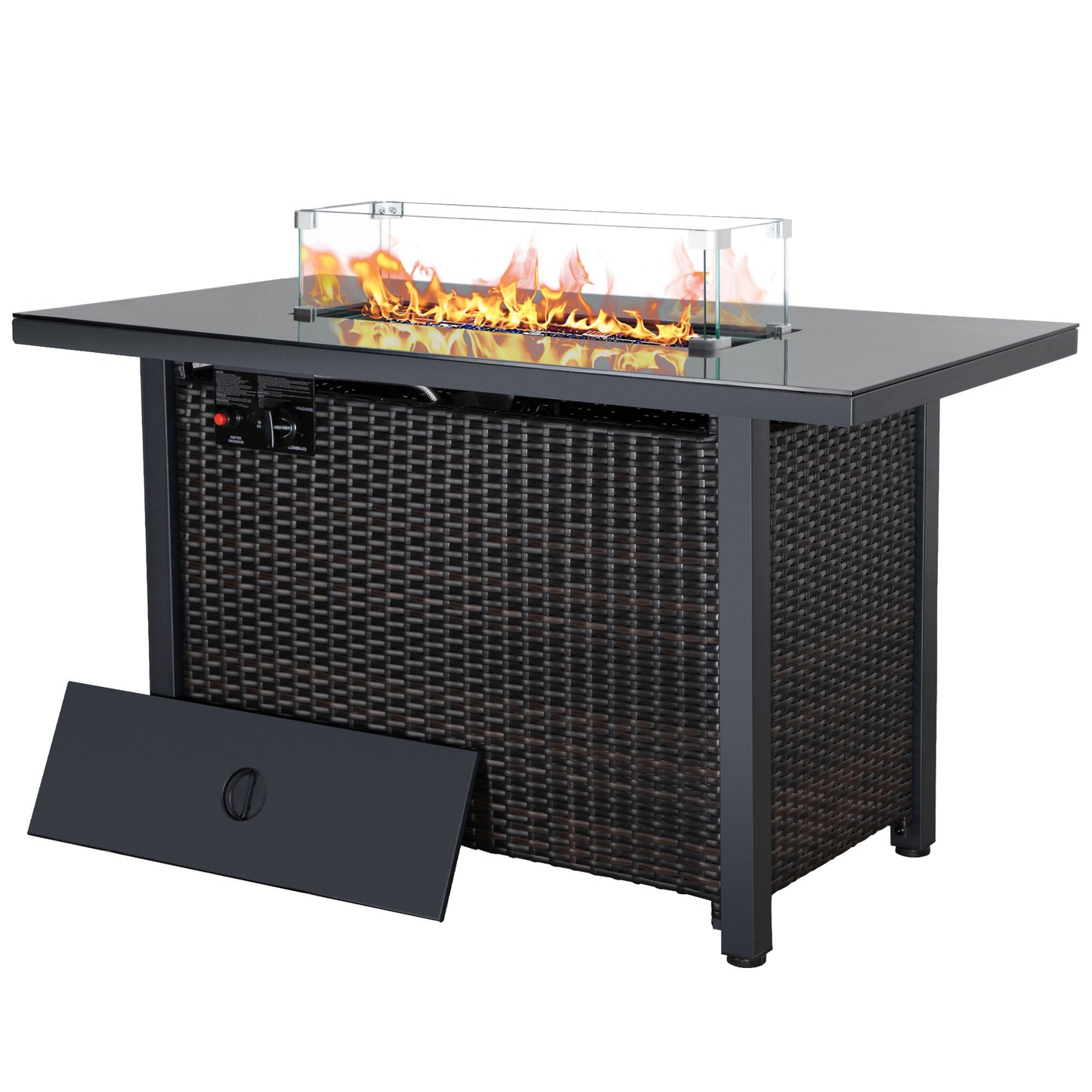 43 Rattan Propane Outdoor Fire Pit Table with Blue Glass Beads and Wind Guard