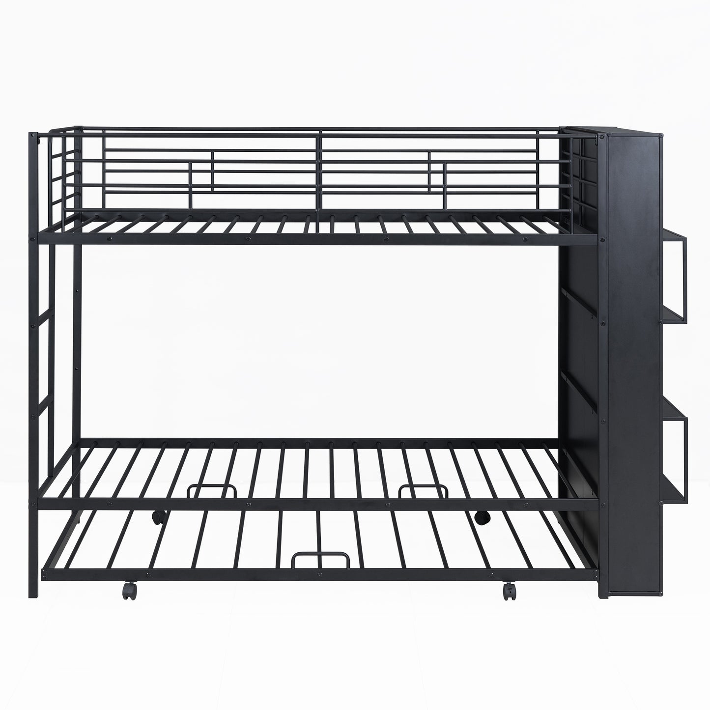 Twin Size Black Metal Bunk Bed with Integrated Bookshelf