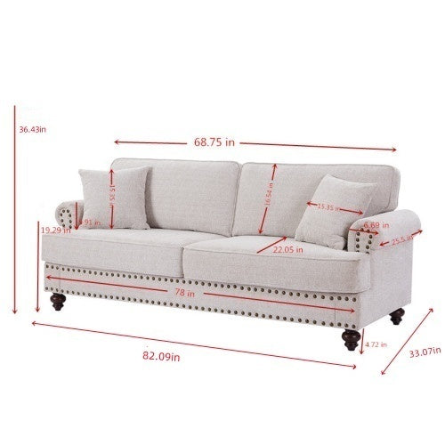 82 White Chenille Upholstered 2 Seater Sofa with Nails and Armrests