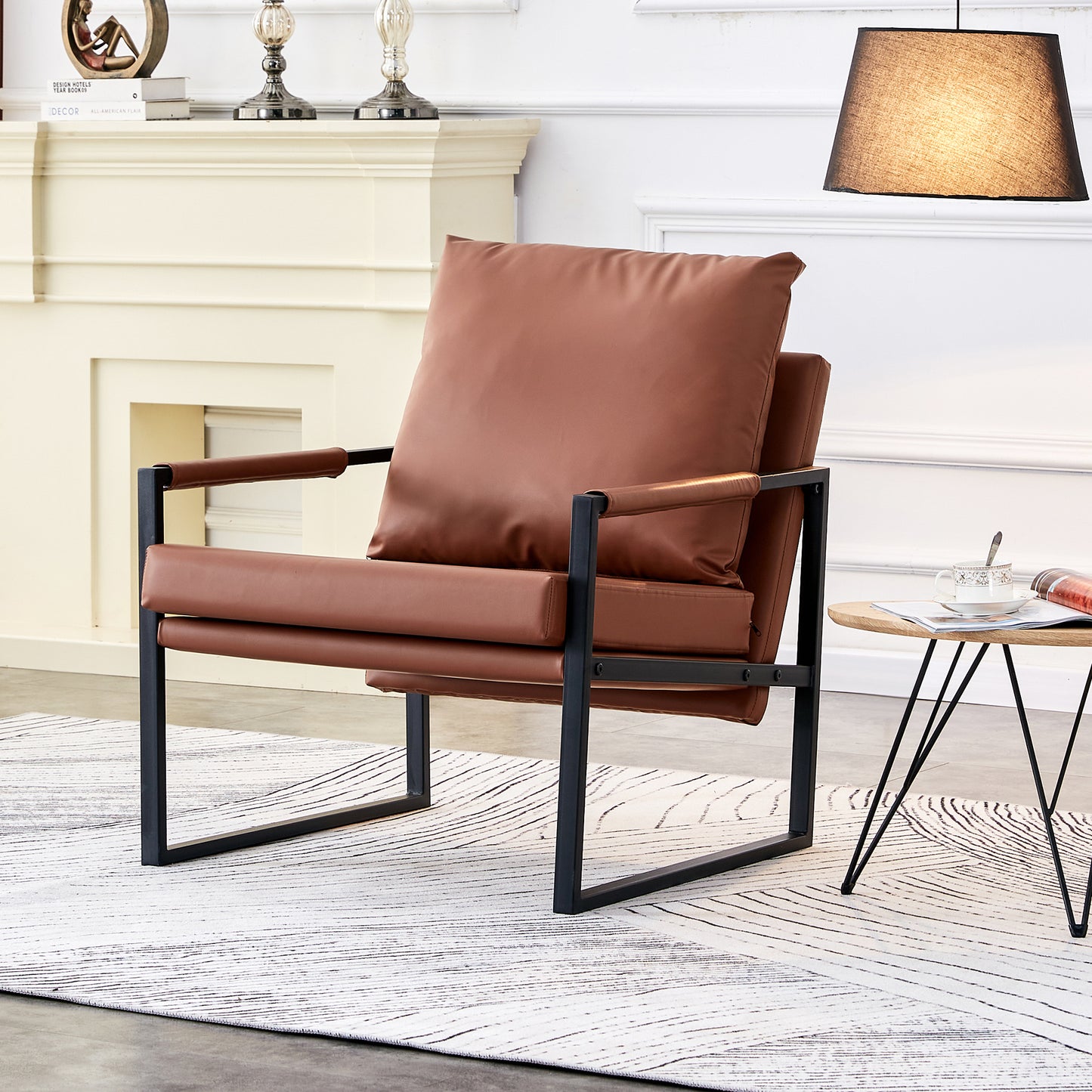 PU Leather Accent Arm Chair  Modern Upholstered Armchair with Metal Frame Extra-Thick Padded Backrest and Seat Cushion Sofa Chairs for Living Room ( Brown PU Leather + Metal Frame + Foam) SF-008