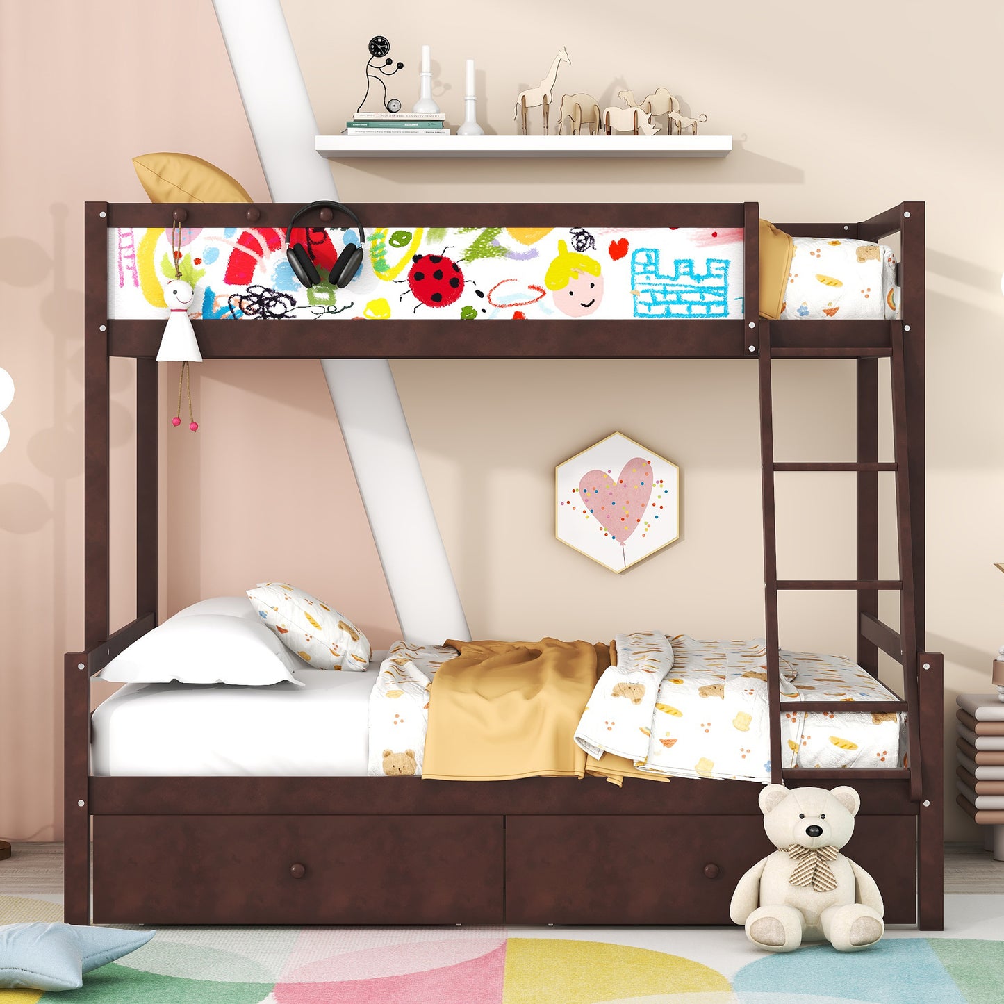 Espresso Twin over Full Bunk Bed with Whiteboard, Storage, and Safety Features