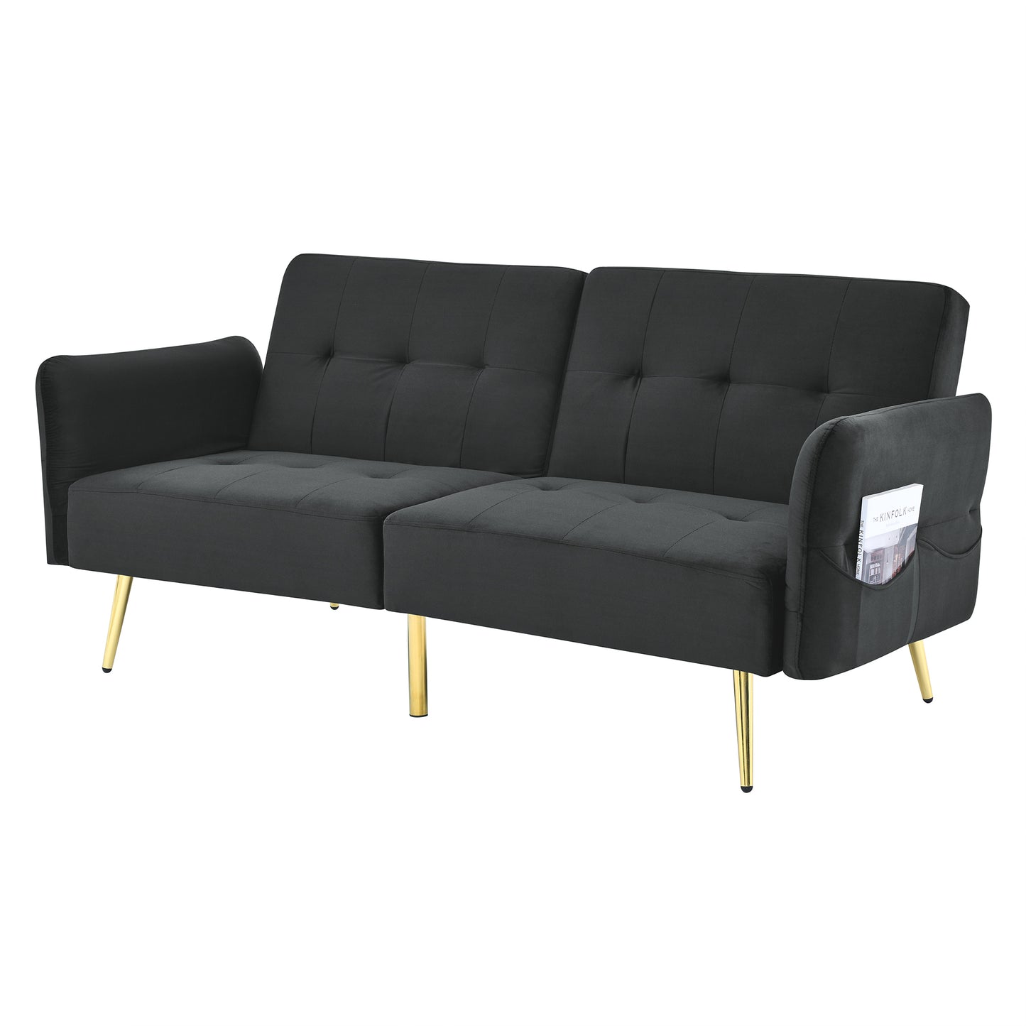 78-Inch Italian Velvet Futon Sofa Bed with Folded Armrests and Storage Bags, Black