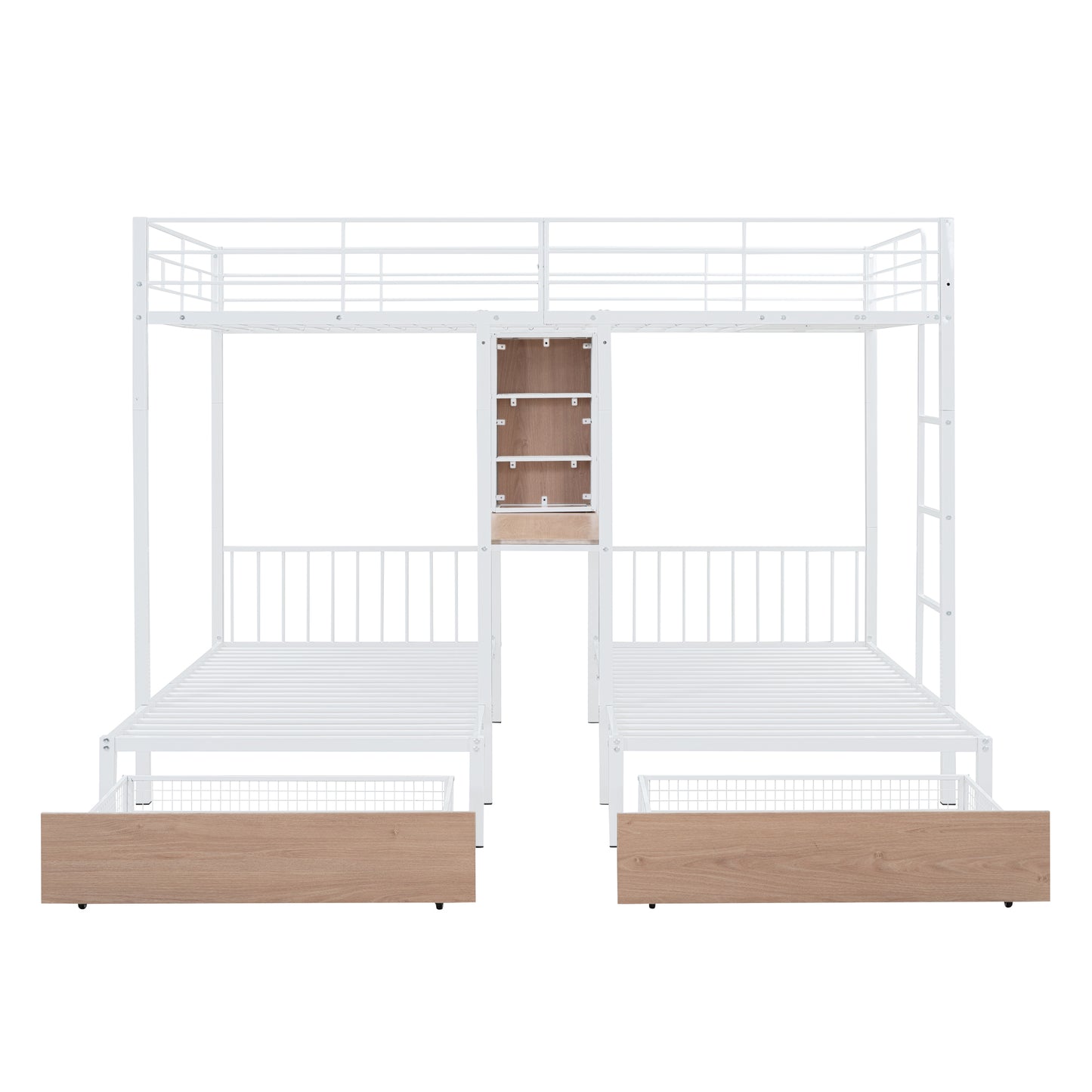 Triple Bunk Bed with White Metal Convertible Desk and Shelves