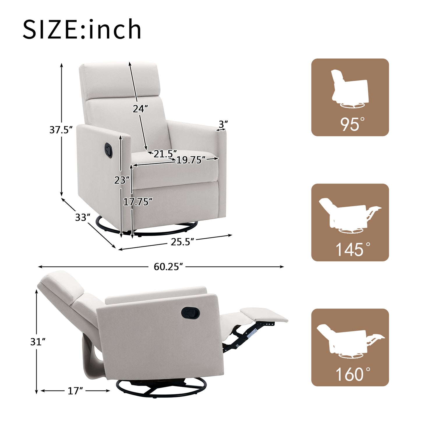 Swivel Reclining Nursery Chair with Modern Beige Upholstery