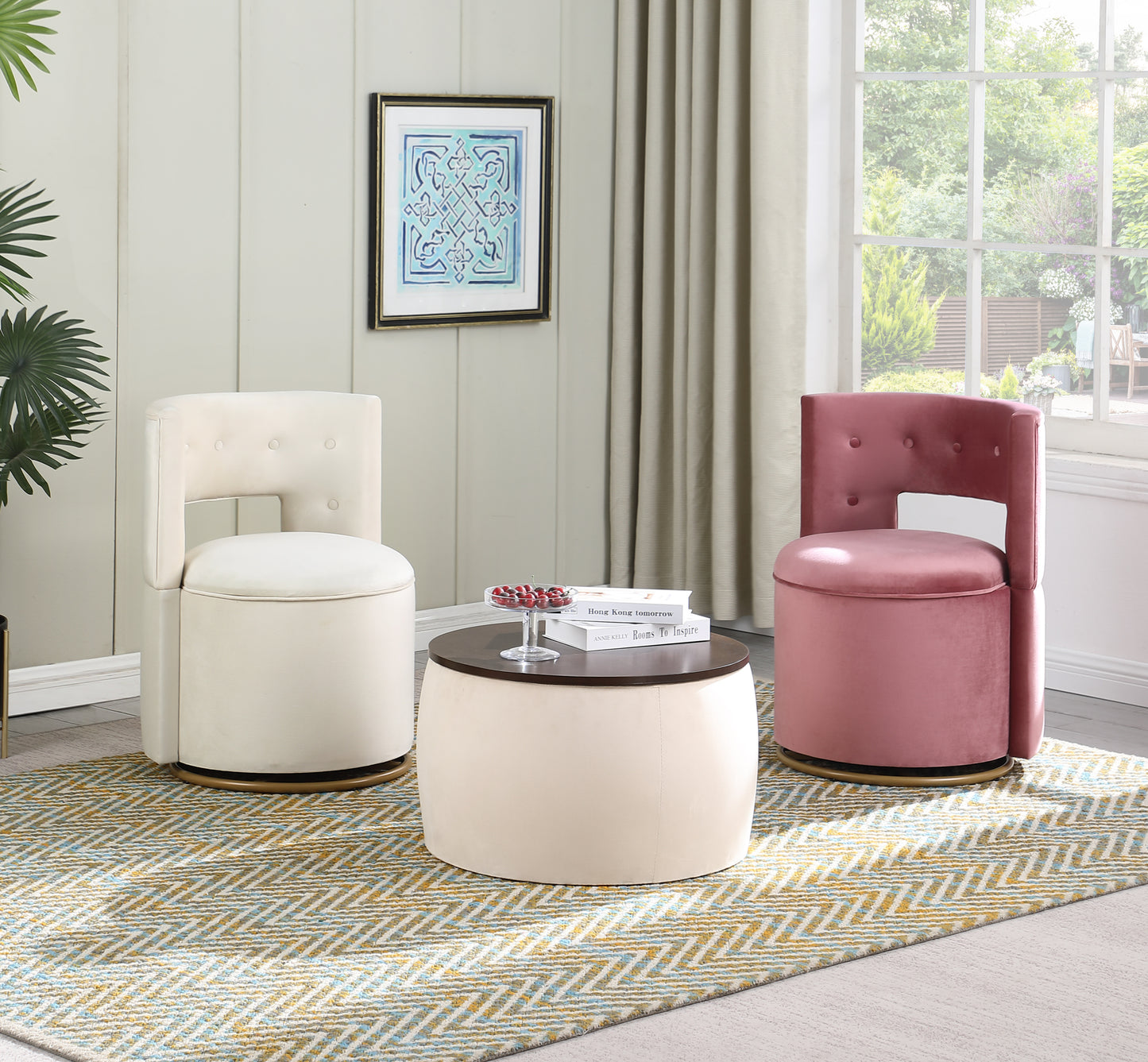 Elegant Velvet Round Ottoman Set with Storage: Multifunctional Furniture Piece for Your Space