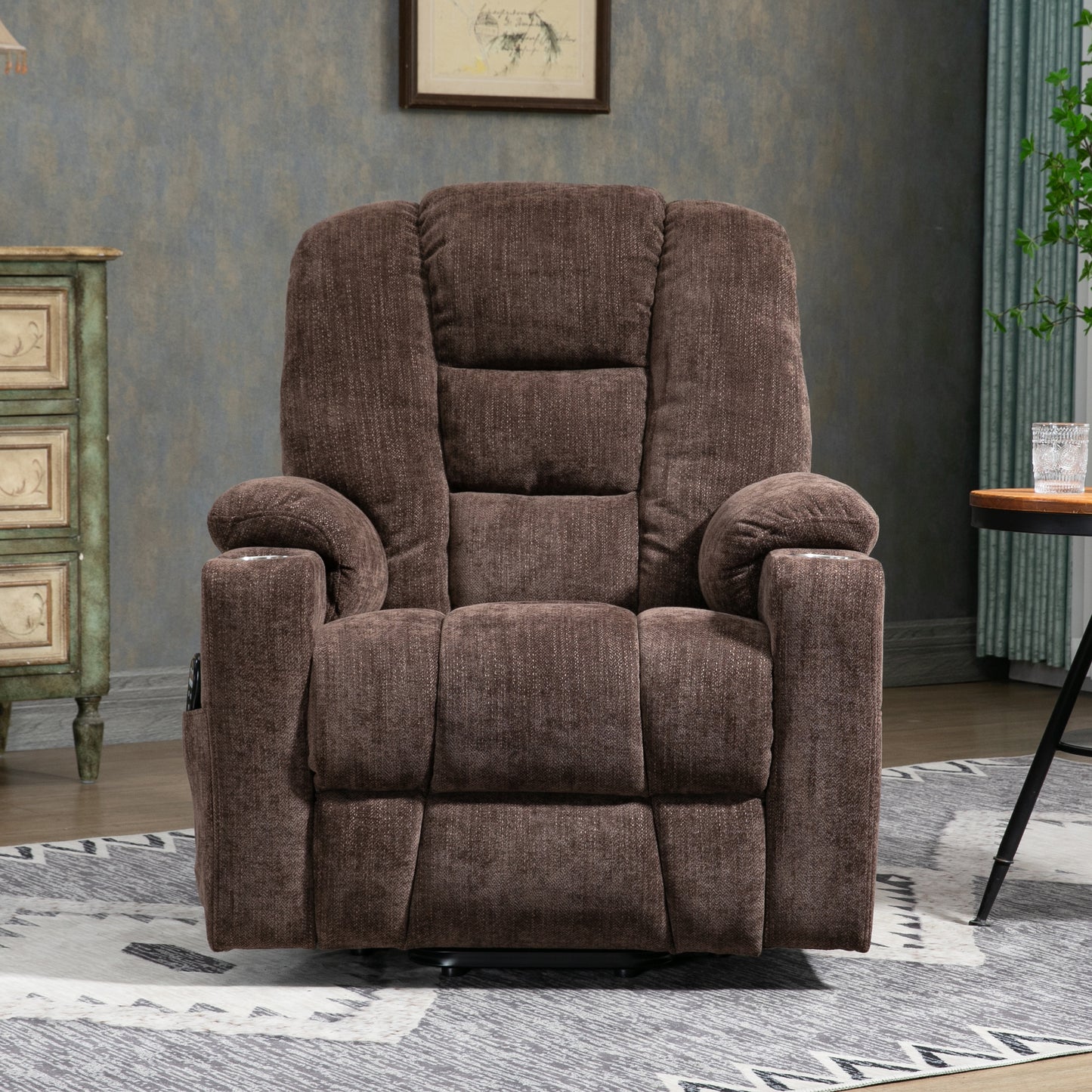 EMON'S Large Power Lift Recliner Chair with Massage and Heat, Overstuffed Wide Recliner with USB and Type C Ports, Brown