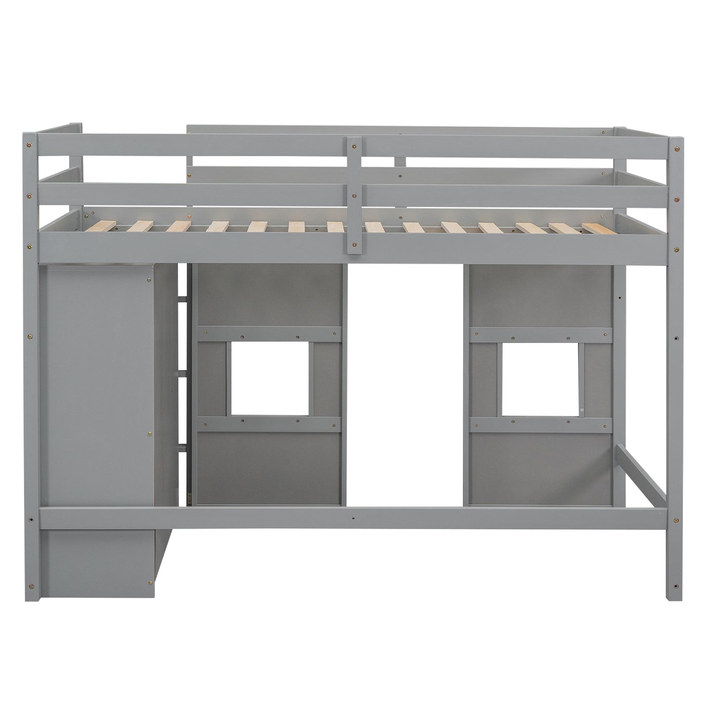 Wood Twin Size Loft Bed with Built-in Storage Wardrobe and 2 Windows, Gray