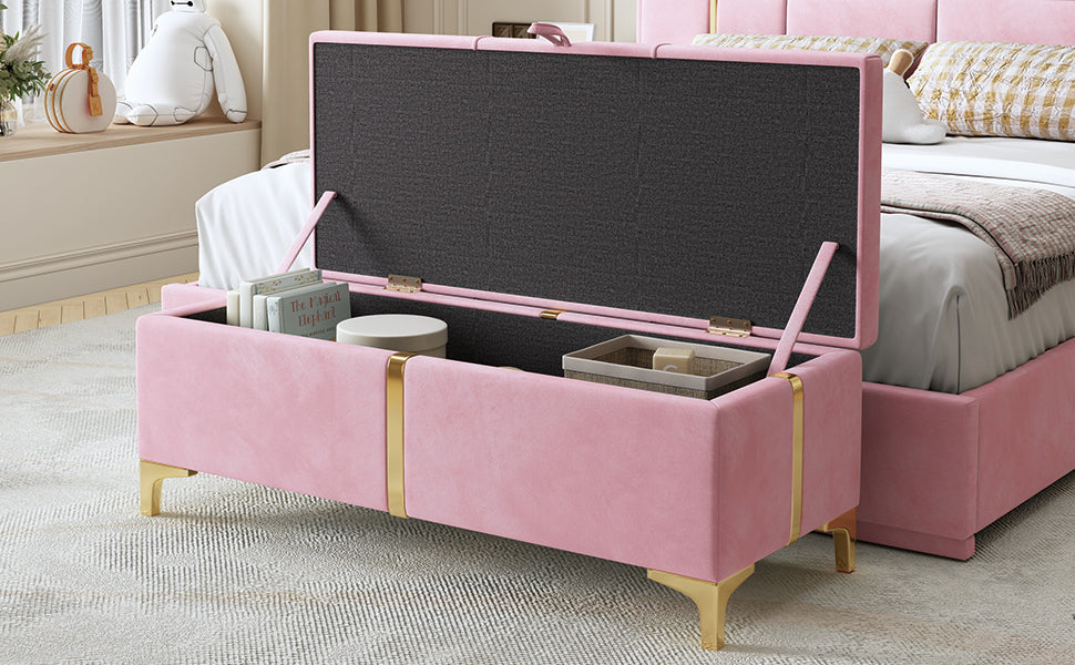 Elegant Upholstered Storage Ottoman,Storage Bench with Metal Legs for Bedroom,Living Room,Fully Assembled Except Legs,Pink