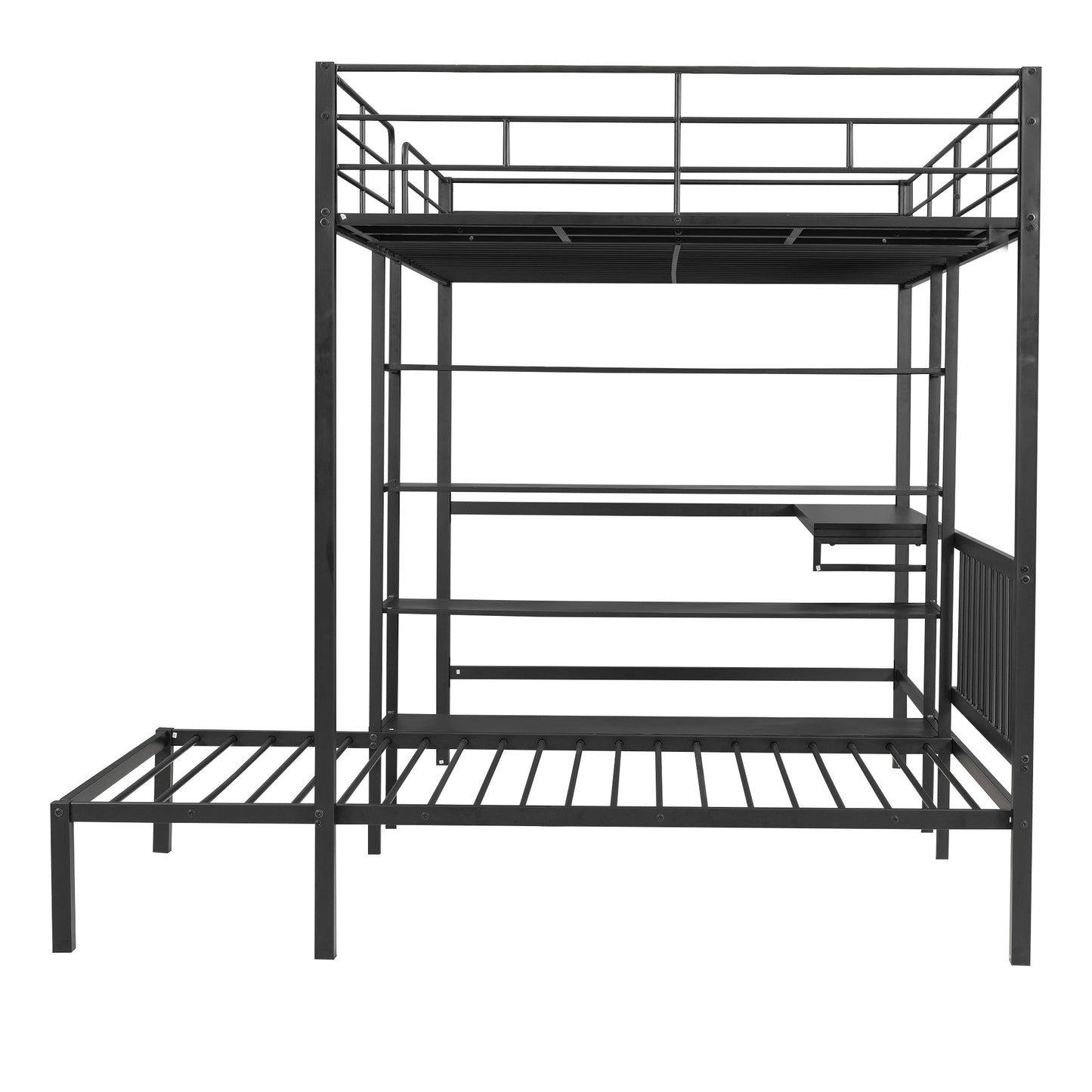 Black Metal Bunk Bed with Desk, Shelves, and Ladder