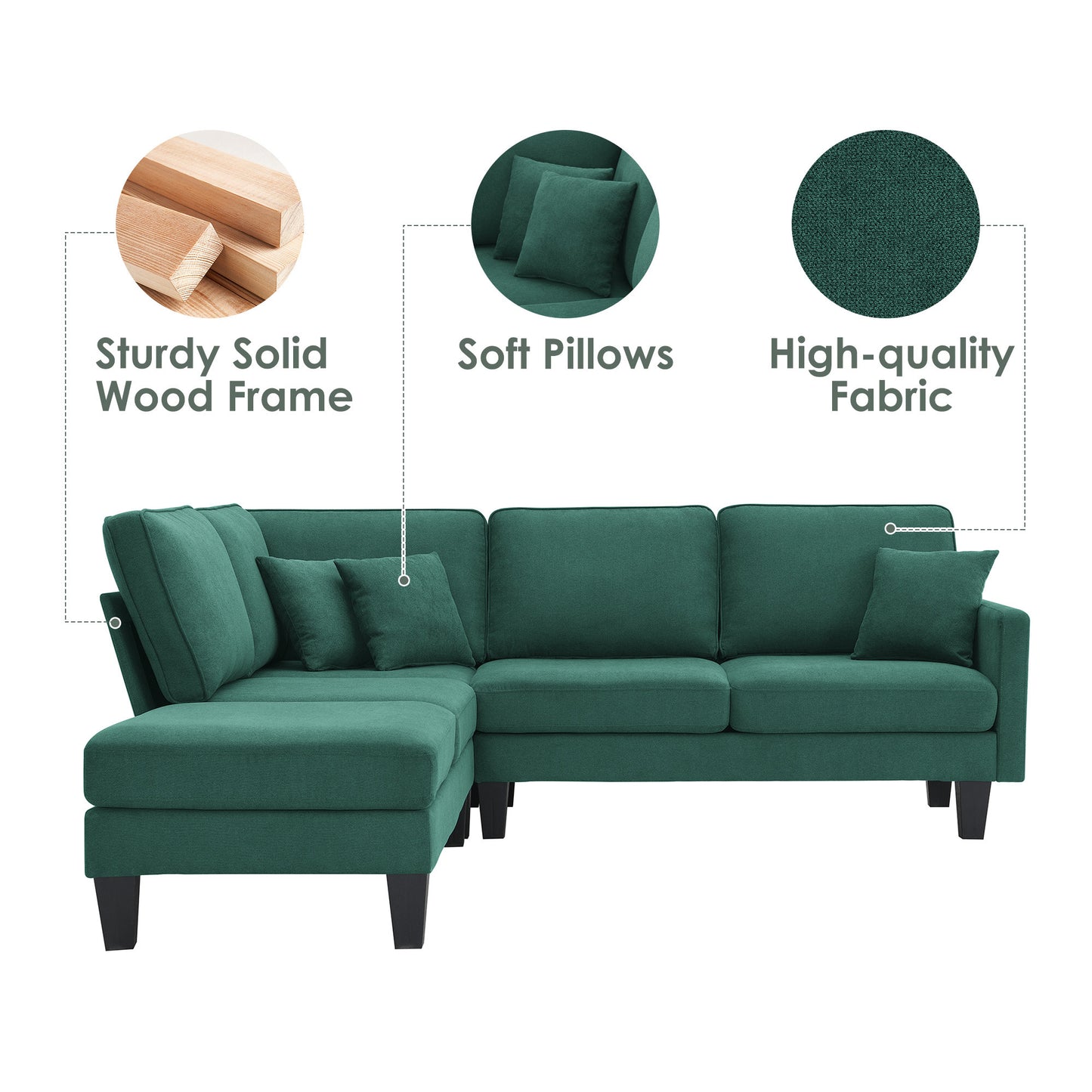 Terrycloth L-Shaped Sectional Sofa with Chaise Lounge and 3 Pillows