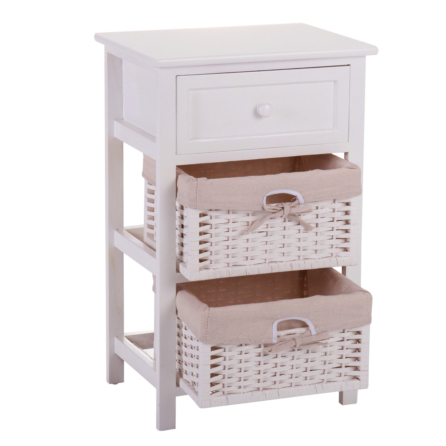 One Drawer Nightstand with Two Removable Baskets, Storage Bedside Table, Modern End Table with Tall Legs, Indoors, White