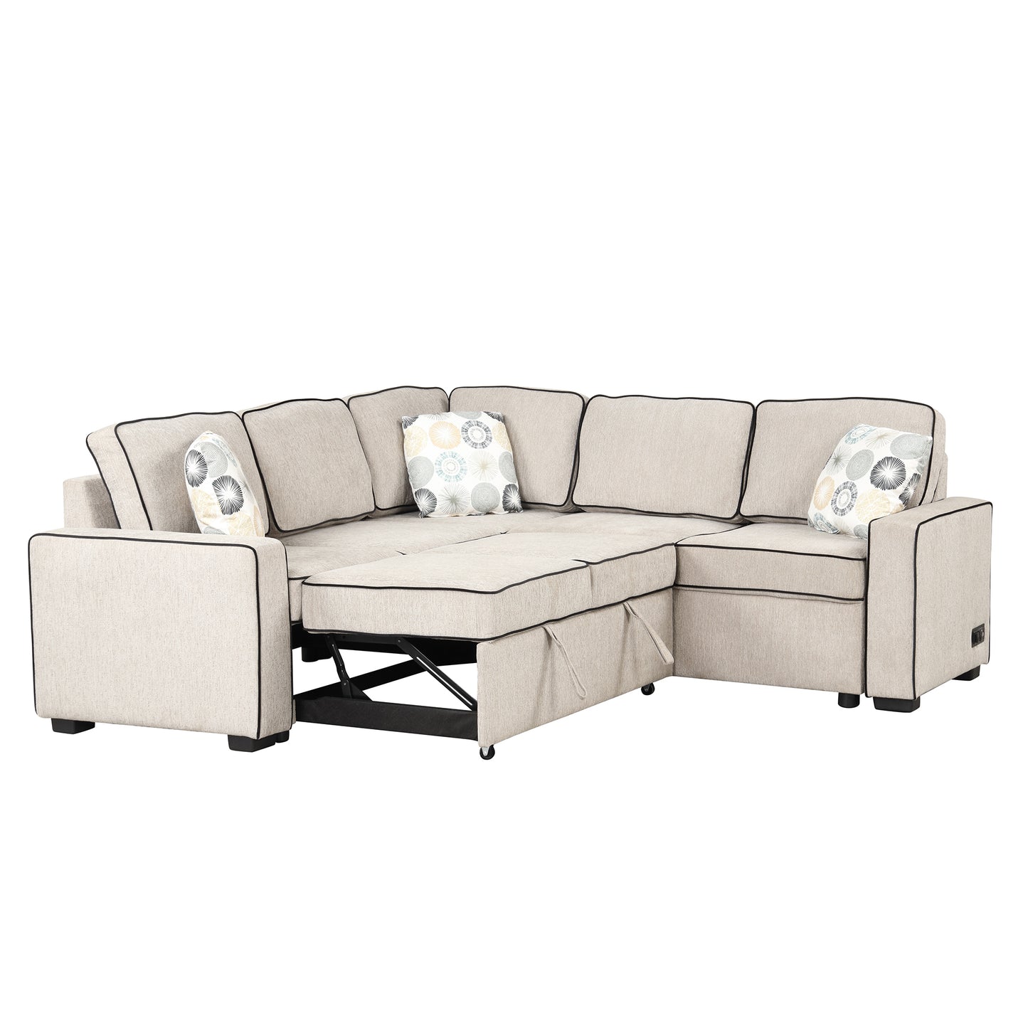 83 Cream Convertible L-Shaped Sleeper Sofa with USB Ports and Power Sockets