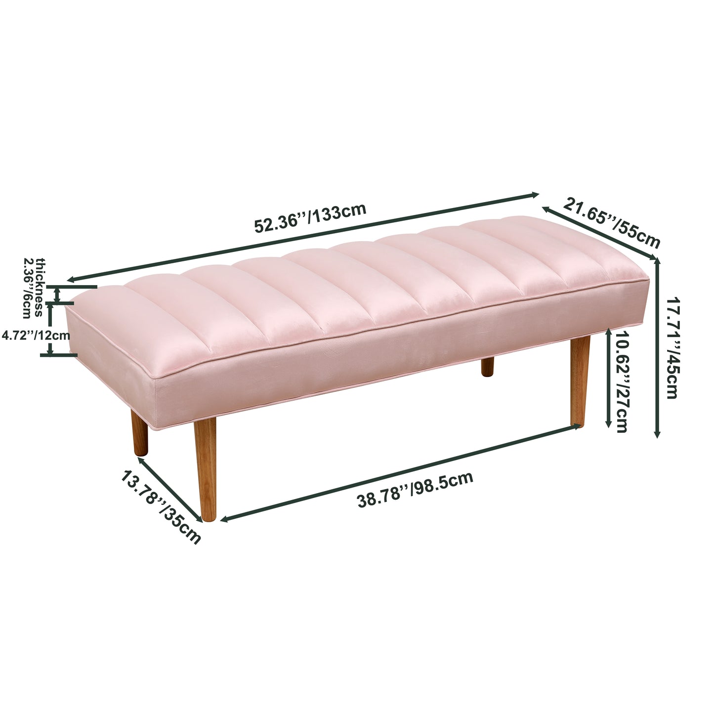 Pink Velvet Upholstered Bench Channel Tufted Bedroom Ottoman with Wood Legs Home Furniture (Pink)