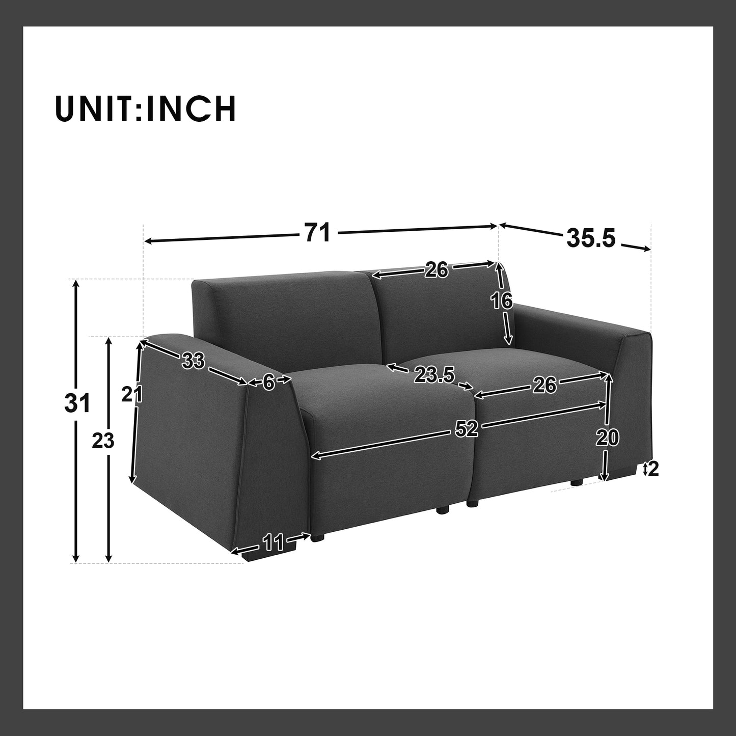 Contemporary 71*35.5 Linen Fabric Sofa with Wide Armrests