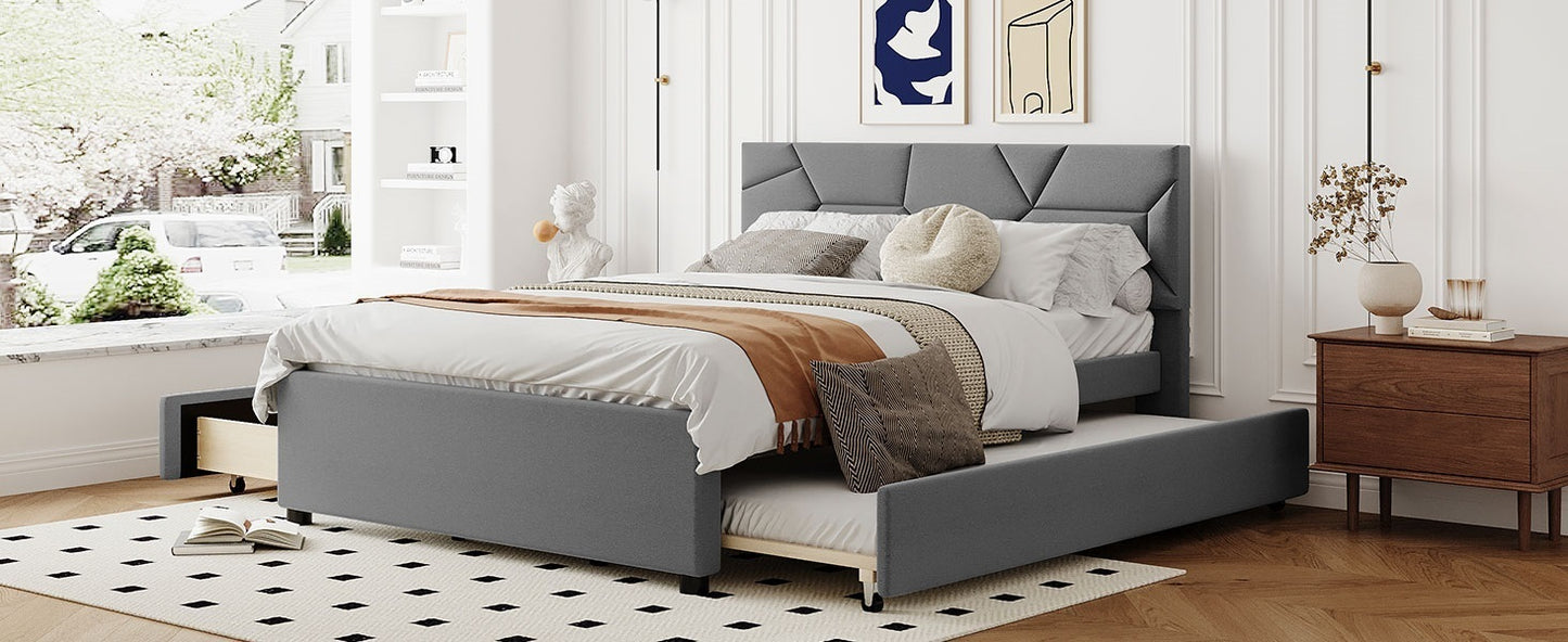 Queen Size Upholstered Platform Bed with Brick Pattern Headboard, with Twin XL Size Trundle and 2 drawers, Linen Fabric, Gray