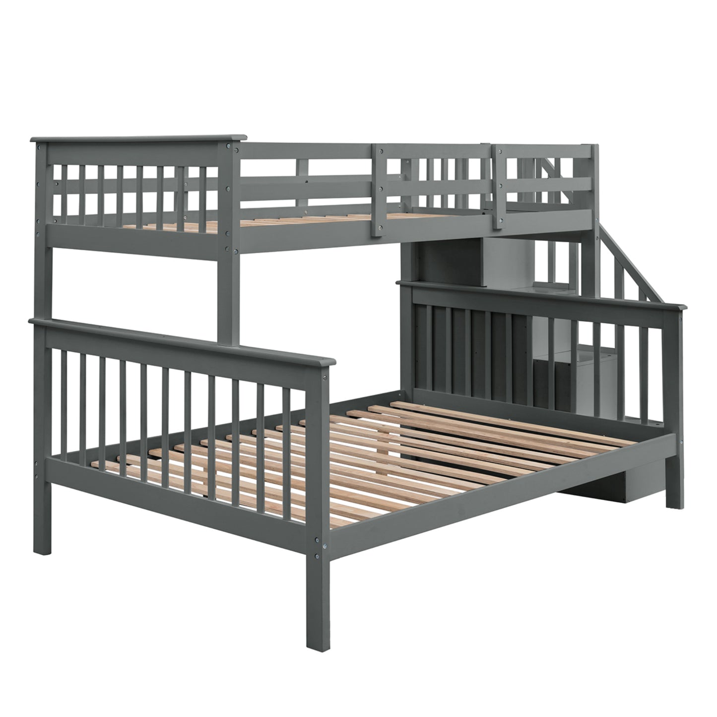 Gray Twin-Over-Full Bunk Bed with Staircase Storage and Safety Rail