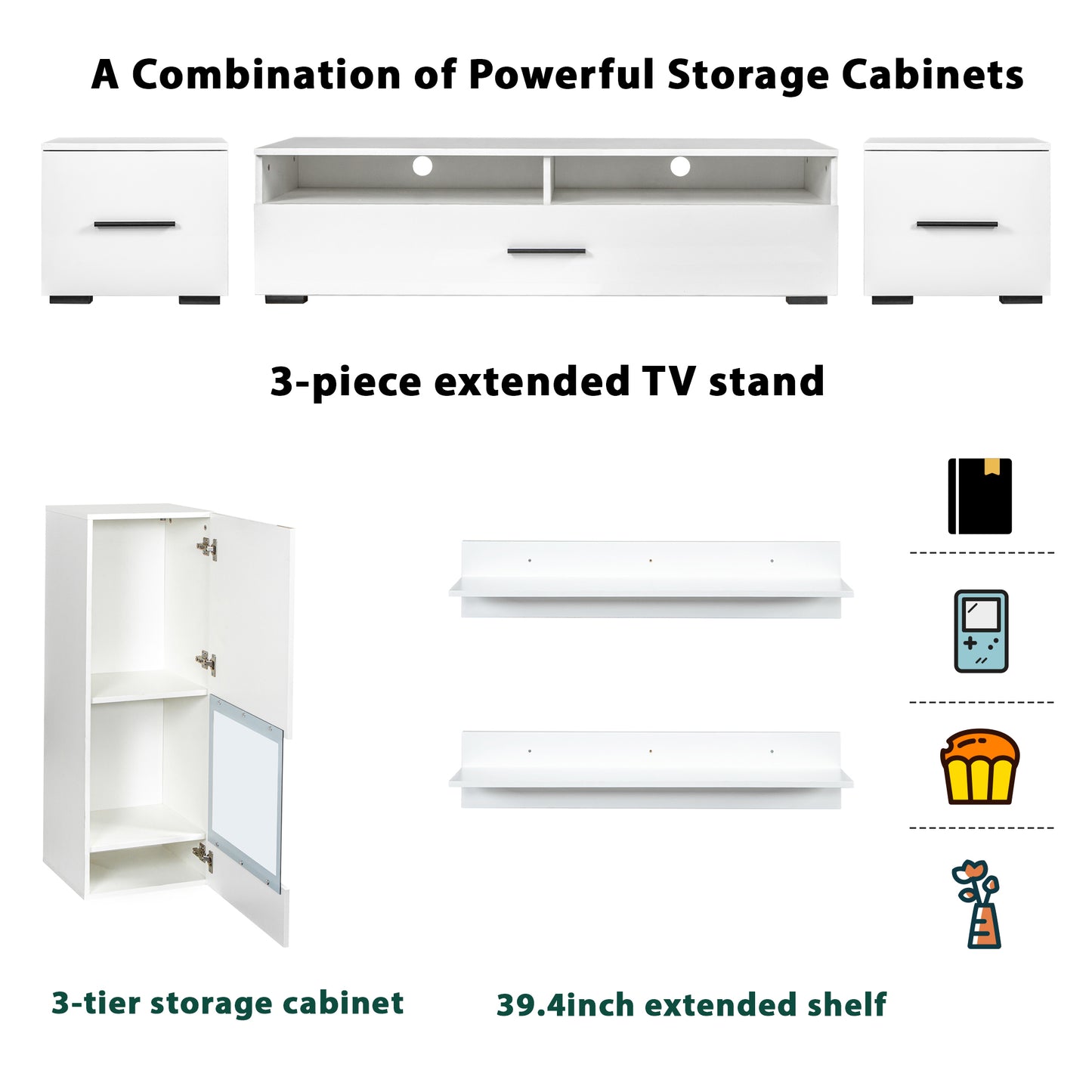 Elegant White Floating TV Stand Set with LED Lights - Versatile Minimalist Entertainment Center for Large TVs