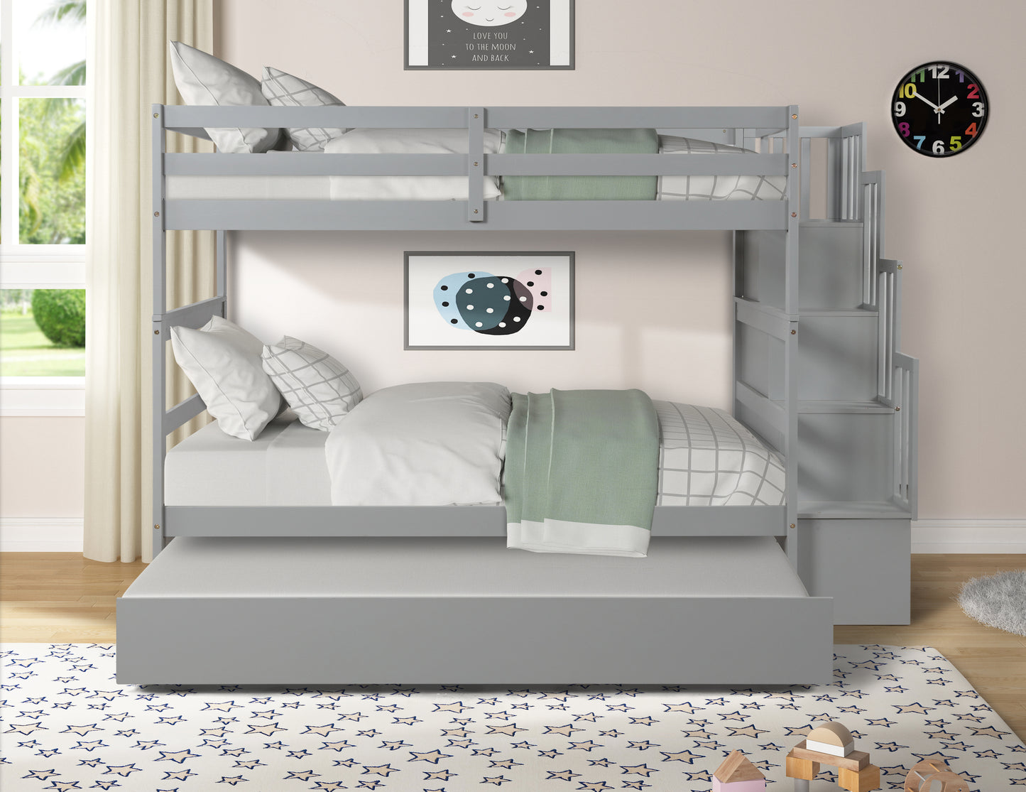 Gray Twin Bunk Beds With Trundle, Stairway Storage, and Modern Design