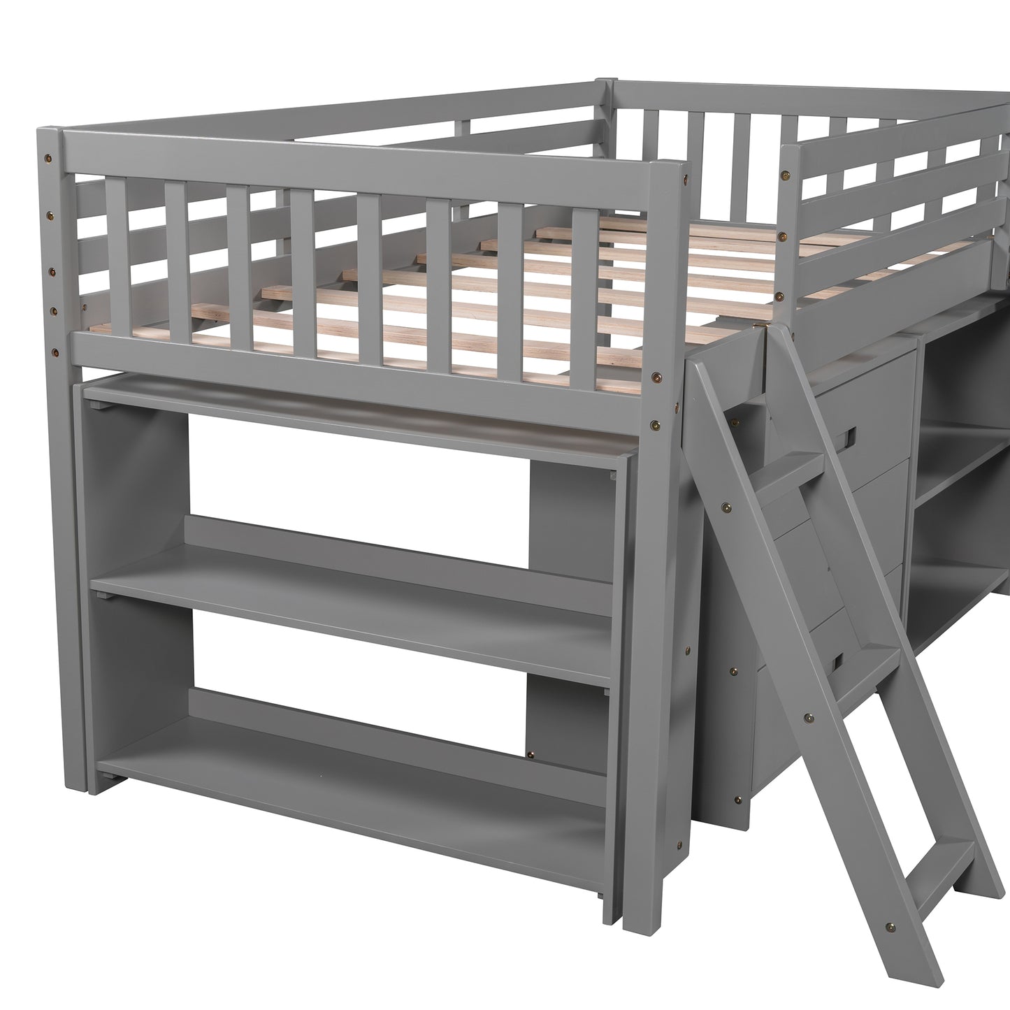 Low Loft Bed with Attached Bookcases and Separate 3-tier Drawers,Convertible Ladder and Slide,Twin,Gray