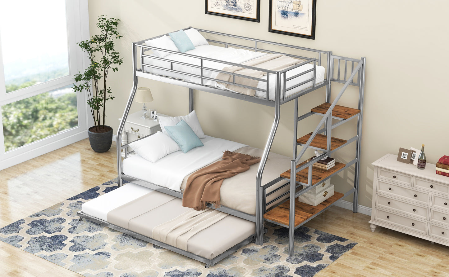 Silver Metal Bunk Bed with Trundle and Storage Staircase