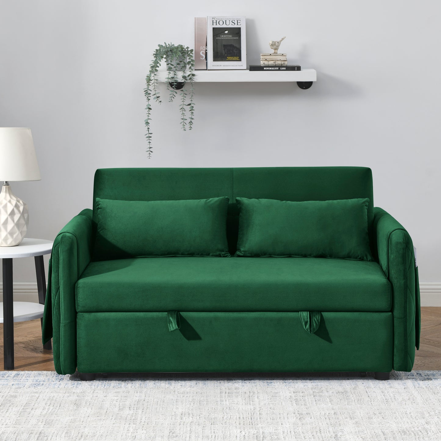 Modern 55 Velvet Convertible Sofa Bed with Adjustable Backrest and Arm Pockets