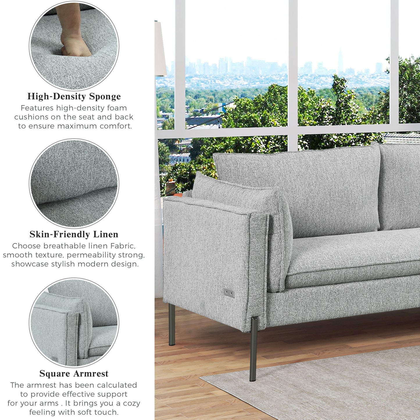 76.2 Modern Style 3-Seat Linen Fabric Sofa with USB Charging Ports