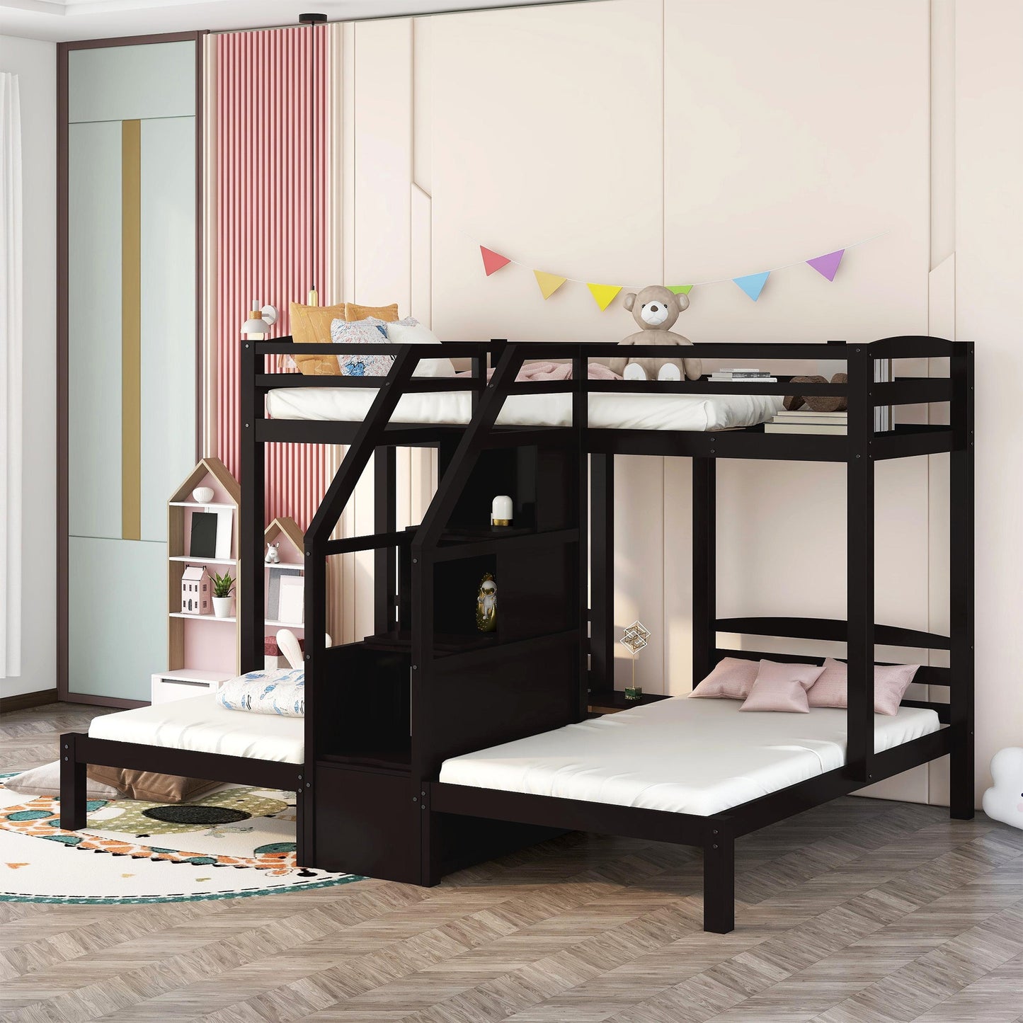 Espresso Triple Bunk Bed with Staircase and Storage Drawers