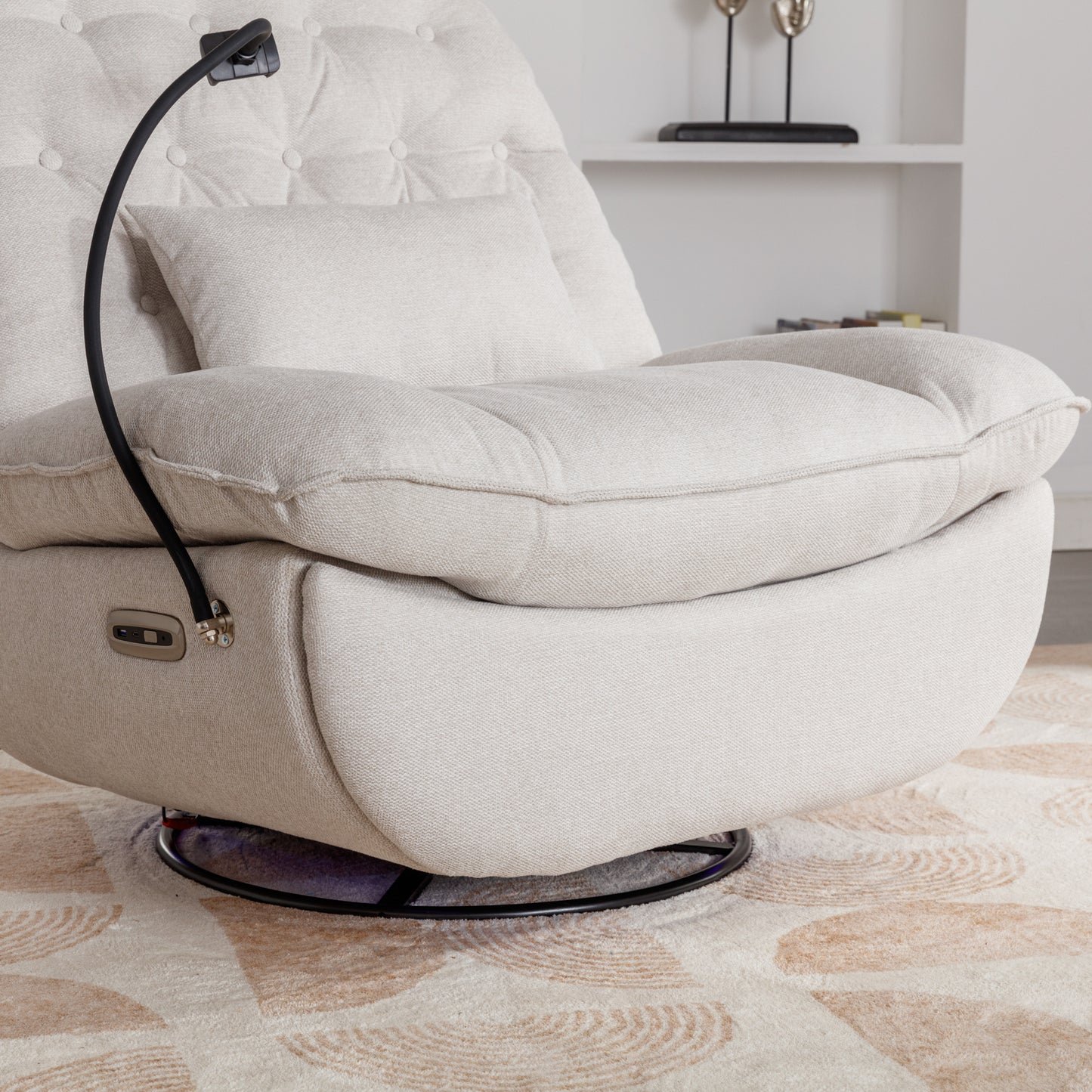 Smart Beige Power Recliner with Swivel, Voice Control, Bluetooth, USB Ports, Atmosphere Lamp, and Mobile Phone Holder