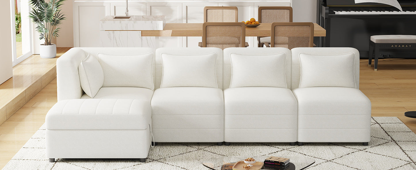 Cream 5-Seater Modular Sectional Sofa with Storage Ottoman and 5 Pillows