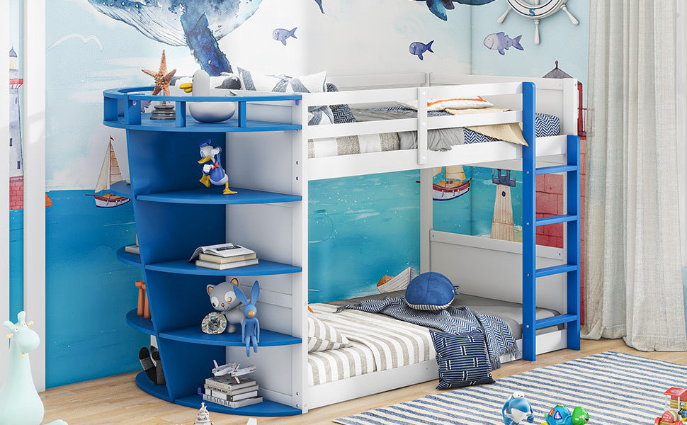 White and Blue Boat-Inspired Twin over Twin Bunk Bed with Storage Shelves