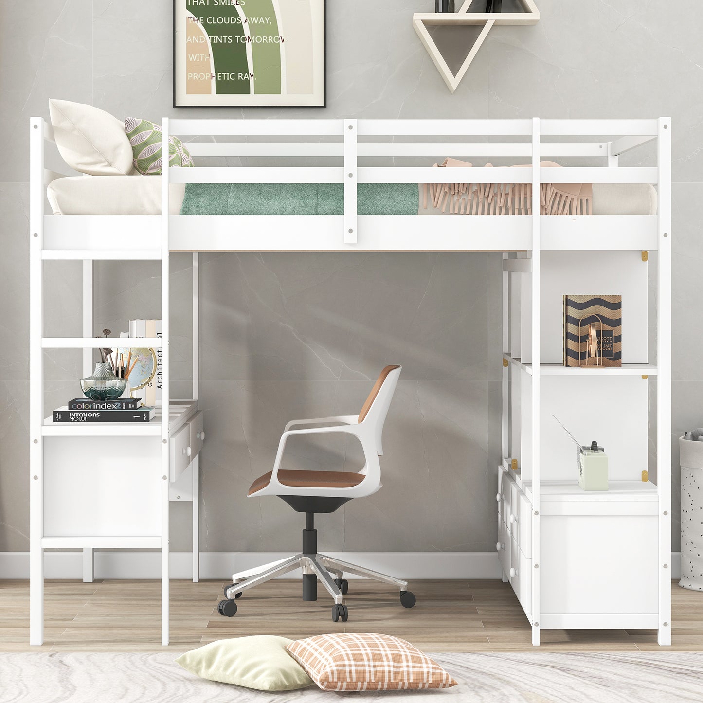 Full Size Loft Bed with Built-in Desk with Two Drawers, and Storage Shelves and Drawers,White