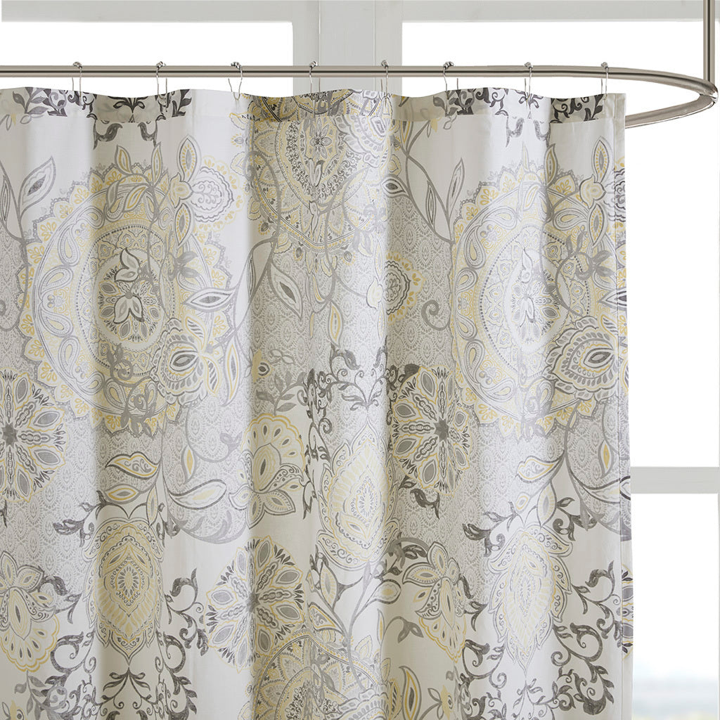 Yellow and Black Floral Medallion Cotton Shower Curtain