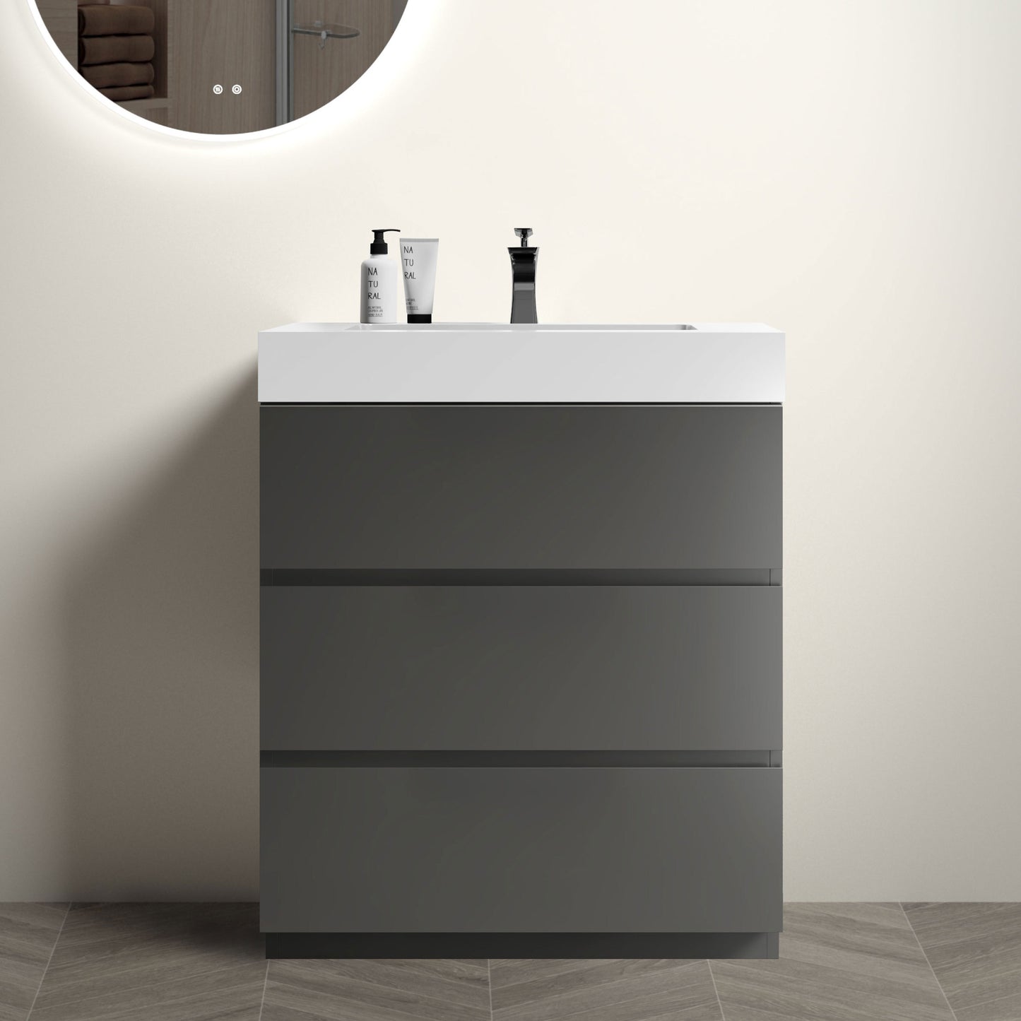 Alice-30F-102,Floor cabinet WITHOUT basin,Gray color,With three drawers