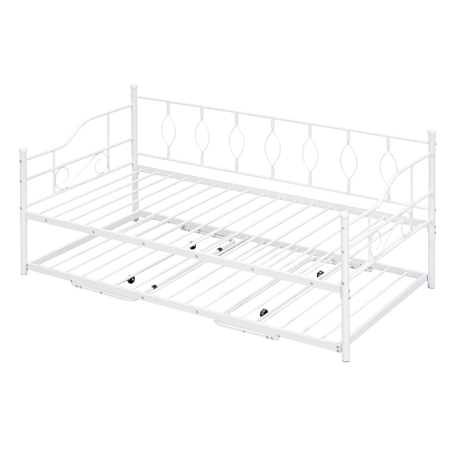 Twin Size Metal Daybed with Twin Size Adjustable Trundle, Portable Folding Trundle, White