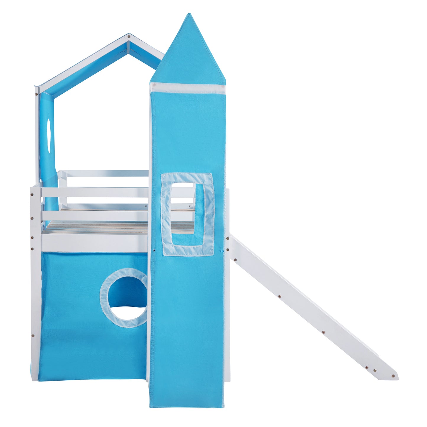 Blue Castle Loft Bed with Slide and Tower for Kids