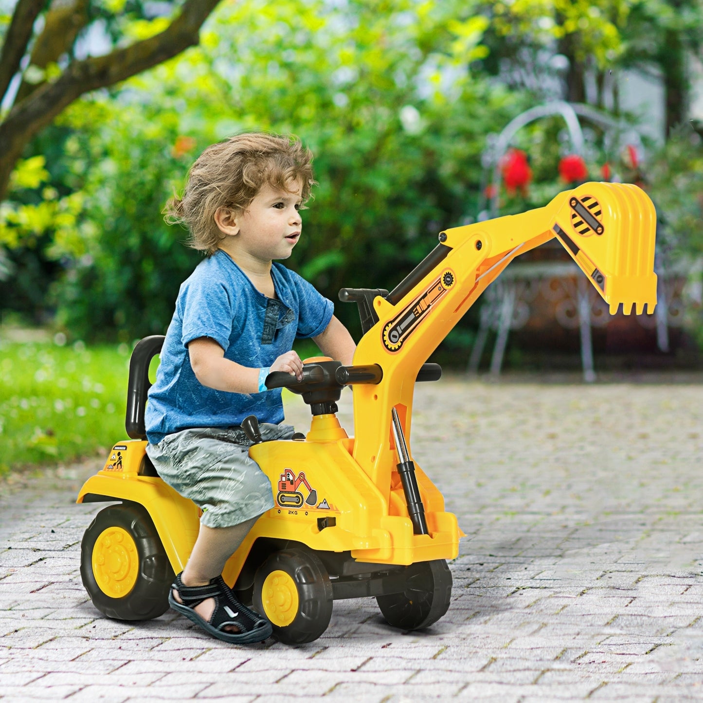 Ride On Excavator Pull Cart, Kids Digger Ride on Truck with Horn, Under Seat Storage, Sit and Scoot Pretend Play Toy Construction Car for Ages 18M+