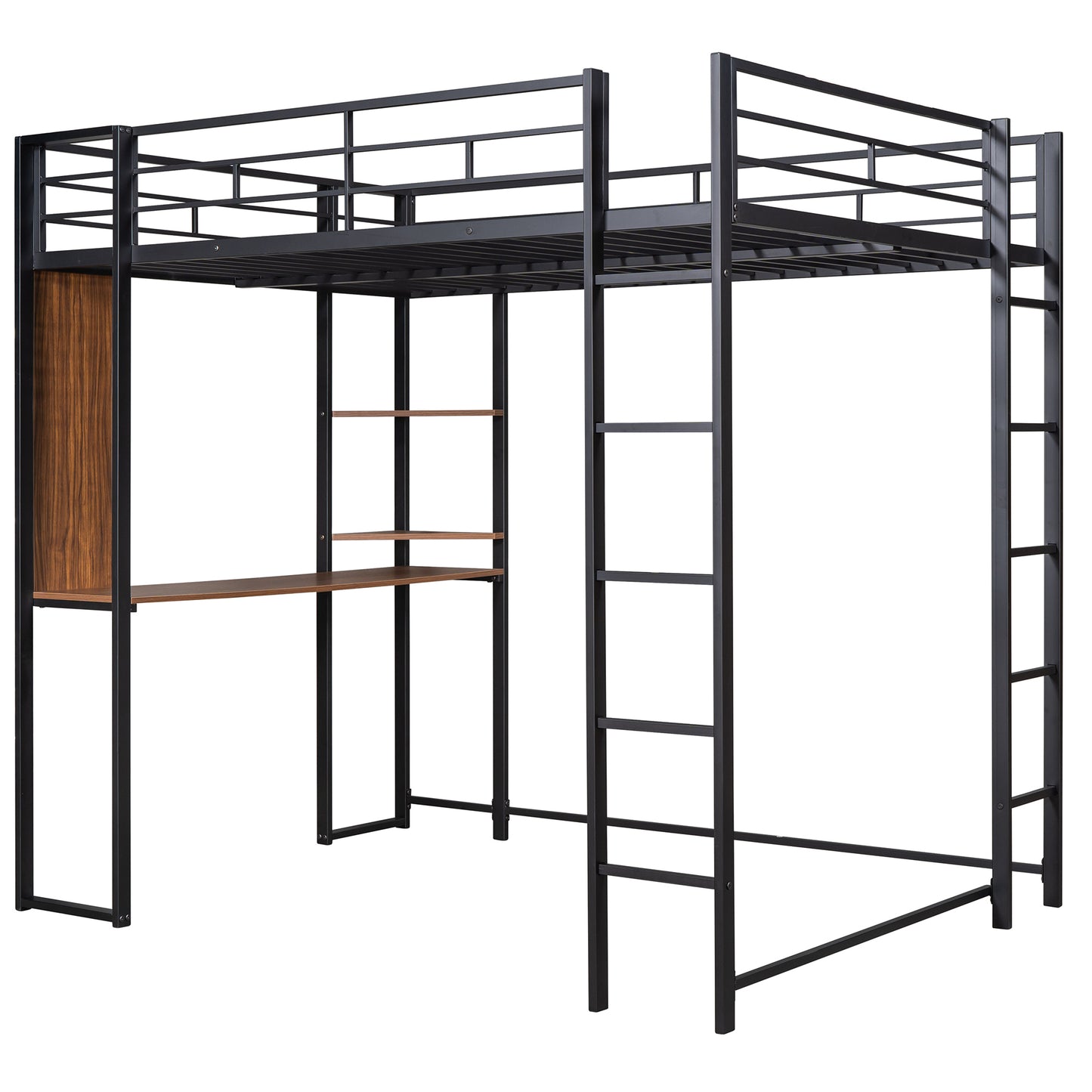 Full Size Metal Loft Bed with 2 Shelves and one Desk ,Black