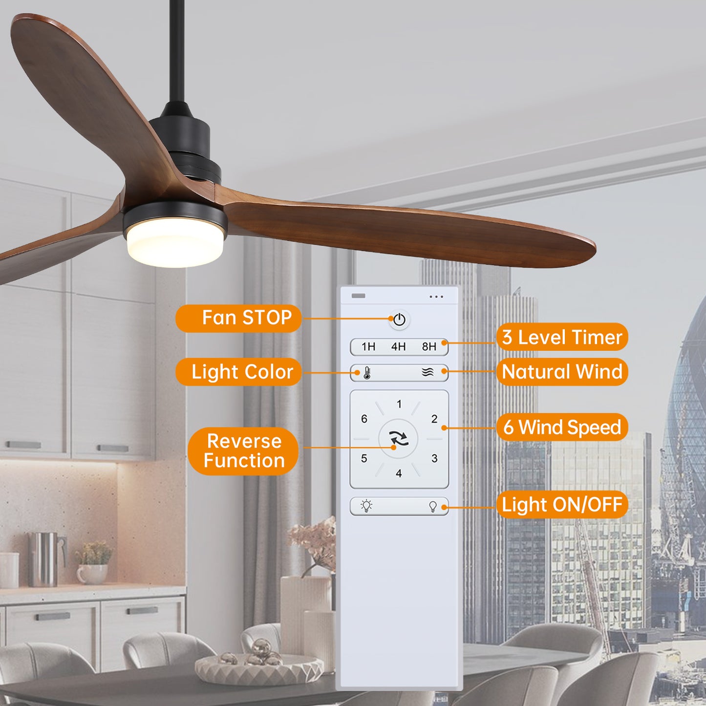 Modern Walnut 60-Inch Ceiling Fan with LED Lights and Remote Control