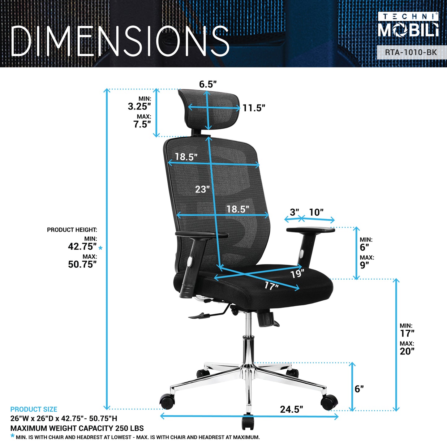 High Back Executive Mesh Office Chair with Arms, Lumbar Support and Chrome Base, Black