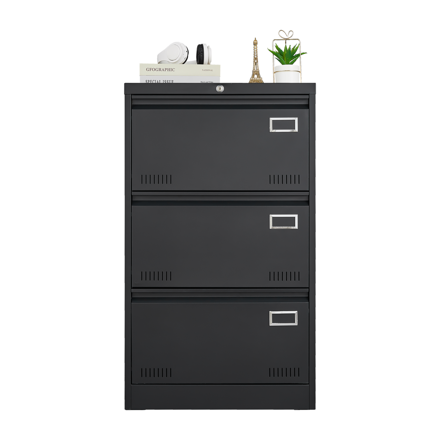 3-Drawer Black Metal Lateral File Cabinet with Lock for Home Office