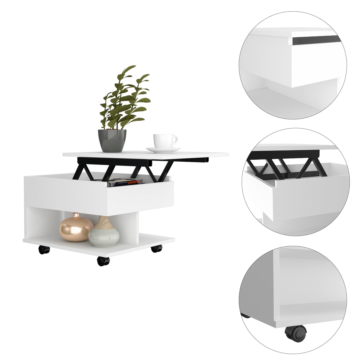 Elevate Lift Top Coffee Table with Casters and Shelf - White