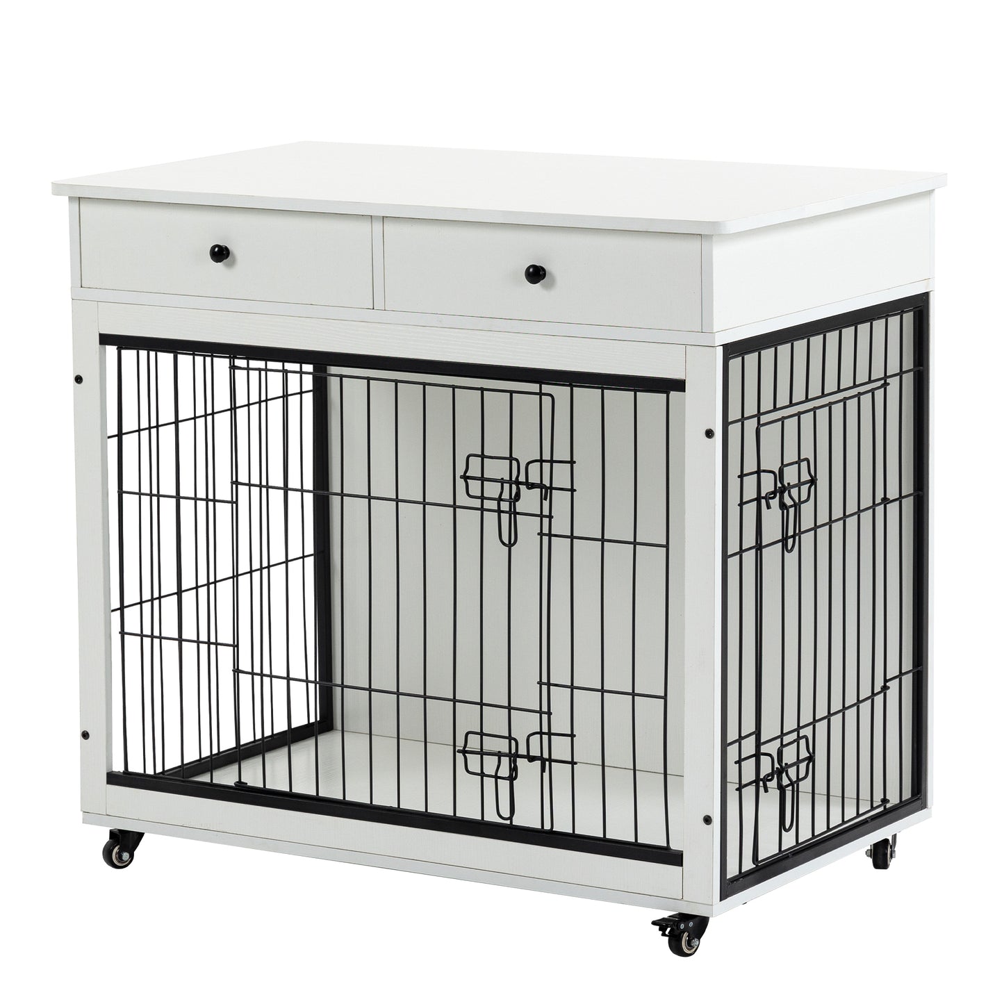 Dog Crate Furniture, Wooden Dog House, Decorative Dog Kennel with Drawer, Indoor Pet Crate End Table for Small Dog, Steel-Tube Dog Cage, Chew-Proof, White 31.7" L×23.2" W×33" H