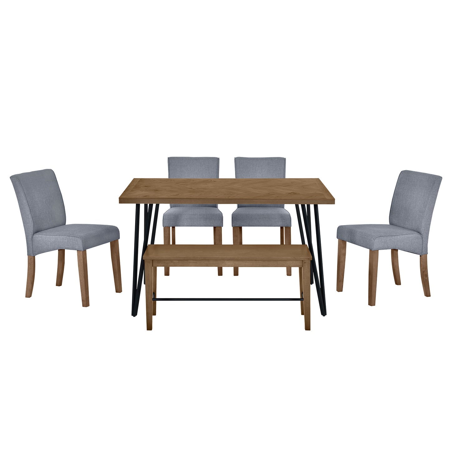 Modern 6-Piece Dining Table Set with V-Shape Metal Legs, Wood Kitchen Table Set with 4 Upholstered Chairs and Bench for 6,Brown