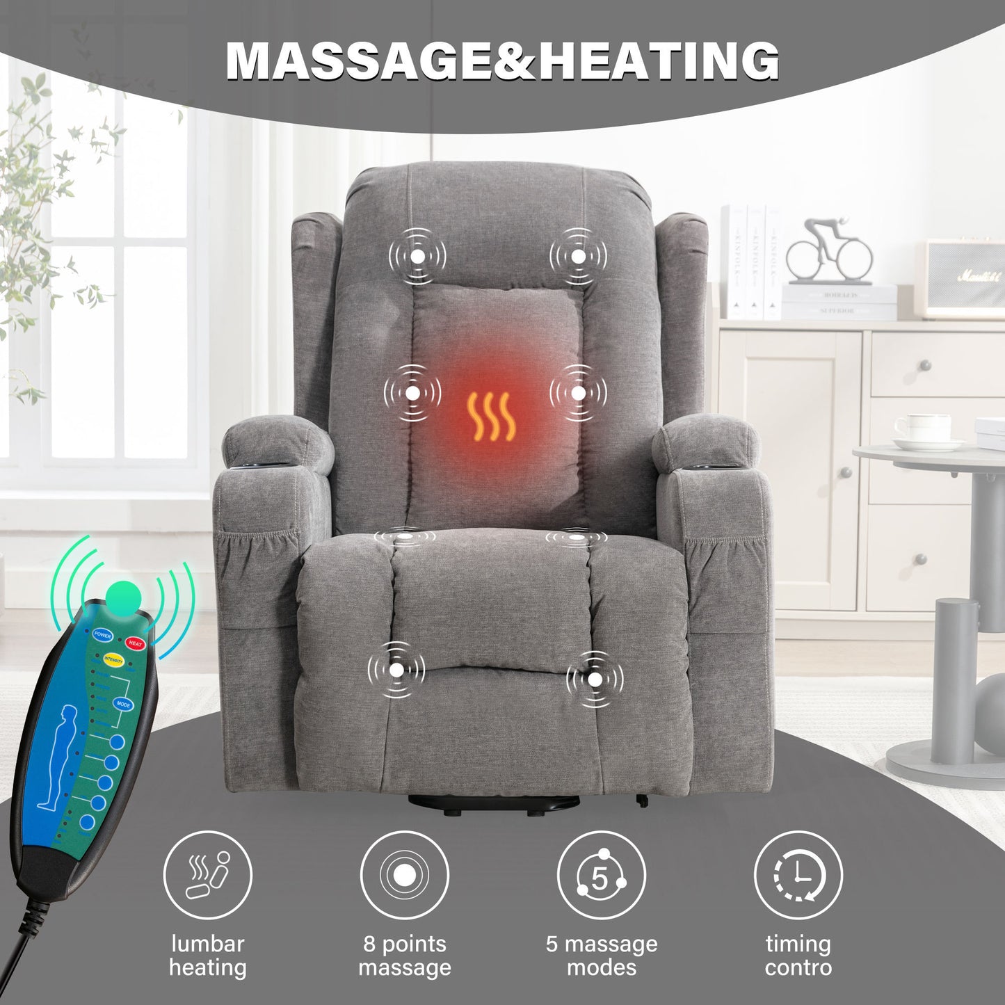 Elderly-Friendly Grey Power Lift Recliner Chair with Heat and Massage