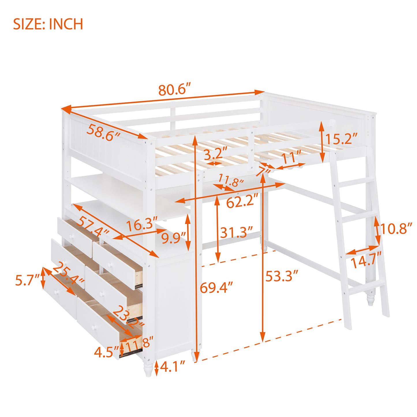 Full size Loft Bed with Drawers and Desk, Wooden Loft Bed with Shelves - White